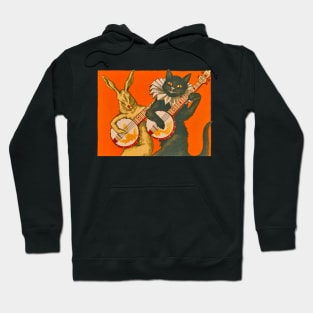 A cat playing the banjo and the musical rabbit accompanying it, a pair of cheerful and musical animals. Vintage drawing Hoodie